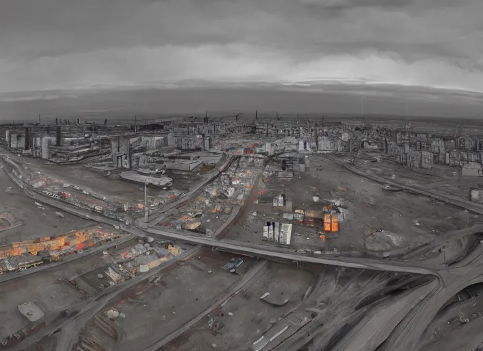 Image similar to cinematic shot of norilsk orbit city cityscape, telephoto, iconic scene from the paranoid thriller sci fi film directed by stanley kubrick, anamorphic cinematography, beautiful composition, color theory, leading lines, photorealistic, moody volumetric lighting