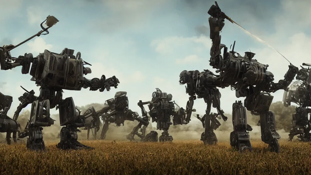 Image similar to 1920's battle in the countryside between bipedal mechs, octane render, 8k