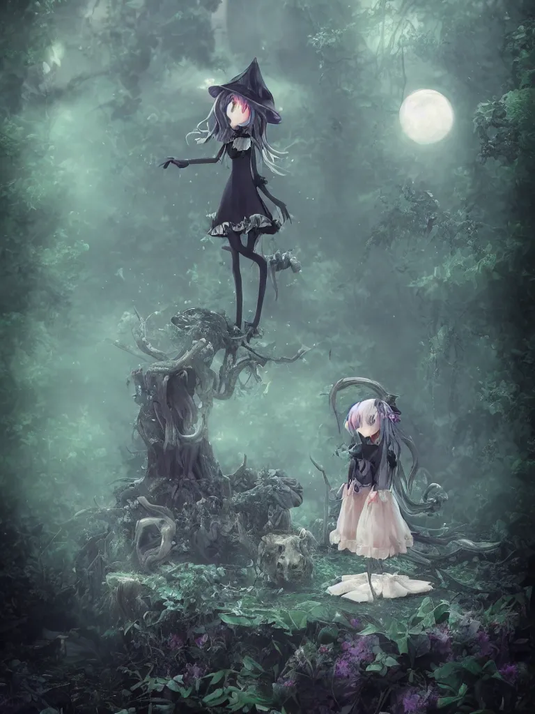 Image similar to cute fumo plush of a frail cursed witch girl wandering the depths of the forbidden jungle, gothic wraith maiden, wispy smoke and volumetric fog on pond, beyond the mirror, filmic, symmetric beauty, moonlight midnight glow, vignette, vray