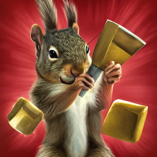 Image similar to the squirrel thor ~ holding his hammer ~ dramatic thunder background ~ trending ~