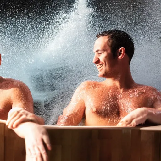 Prompt: Photograph of two guys in a hot tube sitting five feet apart. High resolution. Highly detailed.