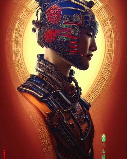 Image similar to portrait of a chinese cyberpunk machine, machine face, robed, upper half portrait, decorated with chinese opera motifs regal royal fierce machine robot cyberpunk fine china, wuxia, traditional chinese art intricate intense elegant highly detailed digital painting artstation concept art smooth sharp focus illustration, art by artgerm and greg rutkowski alphonse mucha 8 k