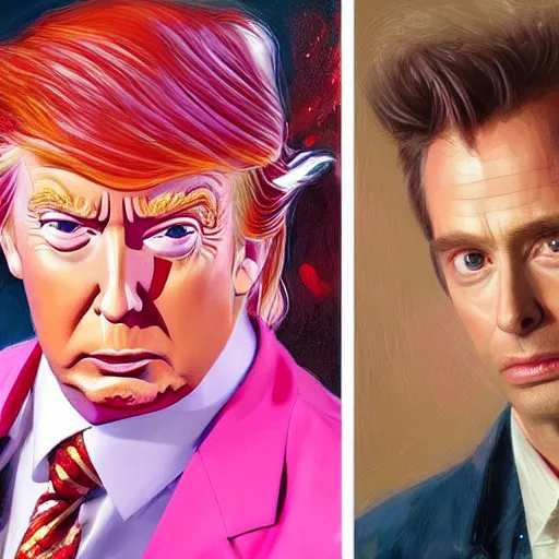 Image similar to david tennant and donald trump in pink clothes with the tenth doctor who, highly detailed, artstation, concept art, fantasy, smooth, sharp focus, illustration, perfect face, art by nikolay makovsky, jacek malczewski, arthur hughes, edward okun, franz xaver winterhalter