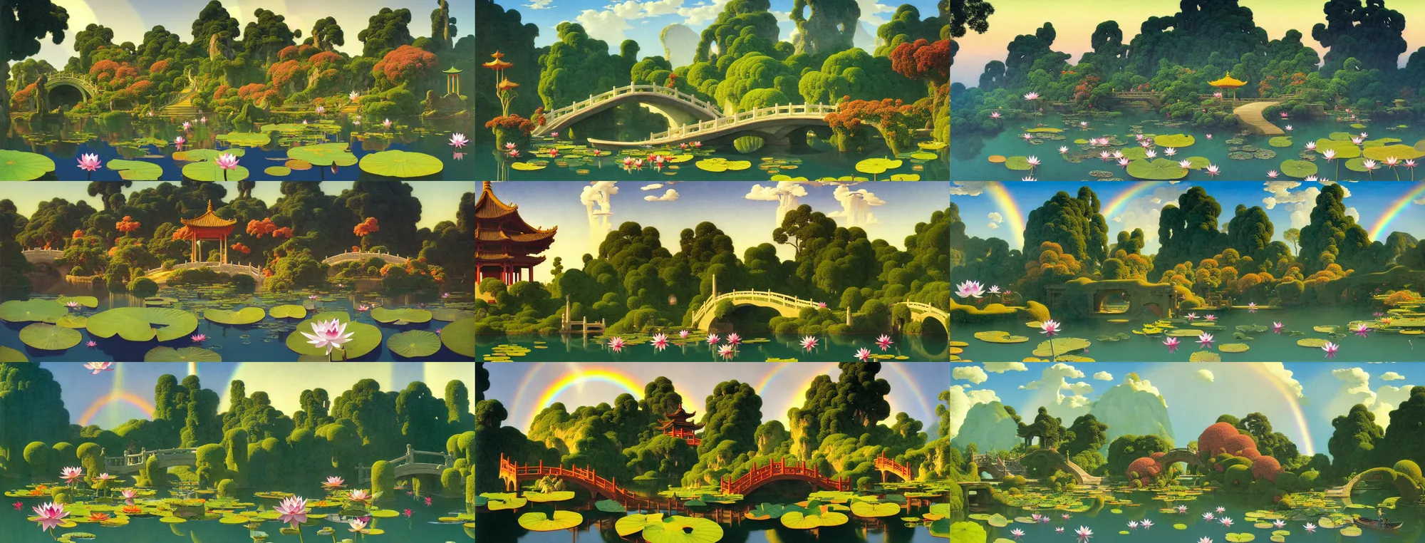 Prompt: a gorgeous summer landscape painting by barlowe wayne, maxfield parrish and marco mazzoni. lotus pond!! chinese temple. the winding steps. stone bridge. boat. ultra clear detailed. 3 d, octane render. a lonely rainbow.