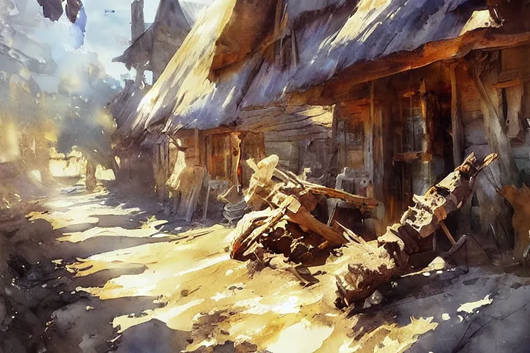 Image similar to paint brush strokes, abstract watercolor painting of rustic village at midday, ambient lighting, art by hans dahl, by jesper ejsing, art by anders zorn, wonderful masterpiece by greg rutkowski, cinematic light, american romanticism by greg manchess, creation by tyler edlin