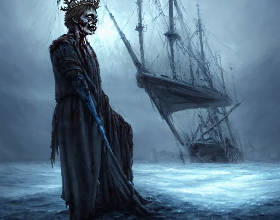 Image similar to a frozen zombie man with a crown, eyes are glowing, broken sailing ship boat in the background, is at dawn and bluish, fantasy, intricate, elegant, highly detailed, digital painting, artstation, concept art, matte, sharp focus, illustration, art by aenaluck and roberto ferri and greg rutkowski, epic fantasy, digital painting