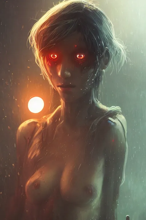 Image similar to A women with glowing eyes by Greg Rutkowski, beeple, Sung Choi, Mitchell Mohrhauser, Maciej Kuciara, Johnson Ting, Maxim Verehin, Peter Konig, final fantasy, macro lens, 35mm, 8k photorealistic, cinematic lighting, HD, high details, dramatic, dark atmosphere, trending on artstation