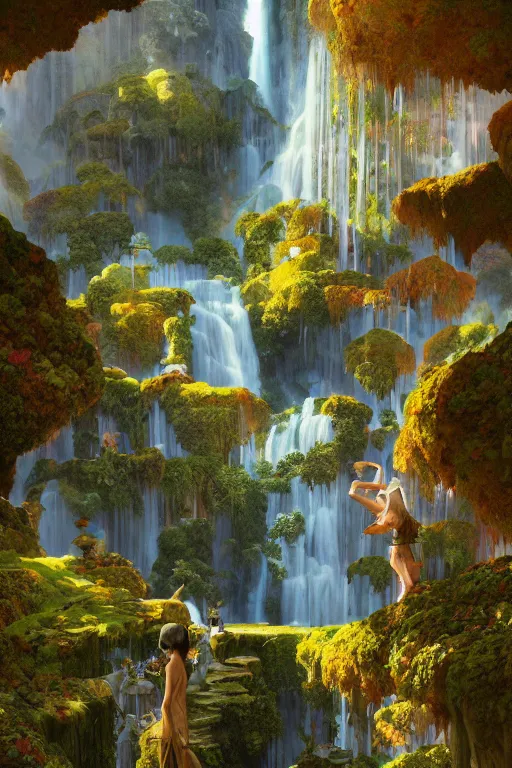 Prompt: a beautiful digital painting of an a fairy village built on an enormous waterfall by maxfield parrish, greg rutkowski, rossdraws, james jean, gerald brom, andrei riabovitchev, marc simonetti, and sakimichan, trending on artstation