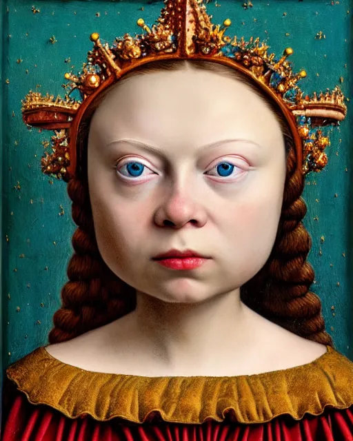 Prompt: closeup medieval jan van eyck face portrait of tin toy greta thunberg as a fairytale princess wearing a crown eating cakes in the castle, bikini, hyper realistic, artstation, illustration, nicoletta ceccoli, mark ryden, lostfish, max fleischer, digital paint, matte paint, vivid colors, bright, cheerful, detailed and intricate environment