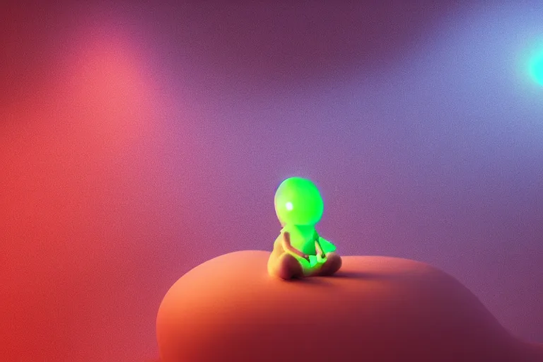 Image similar to a cute alien girl sitting on a cloud relaxing, misty, glows, blender render, hazy, foggy, red lighting, ambient lighting, 8 k,