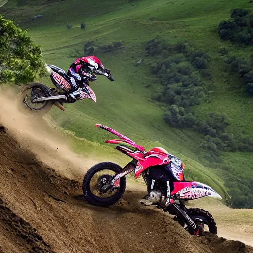 Image similar to a dramatic off road motorcycle race moment, steep and curvy uphill, epic rider crash, mountains, modern art style