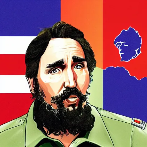 Image similar to justin trudeau as fidel castro in GTA V, cover art by Stephen Bliss, no text