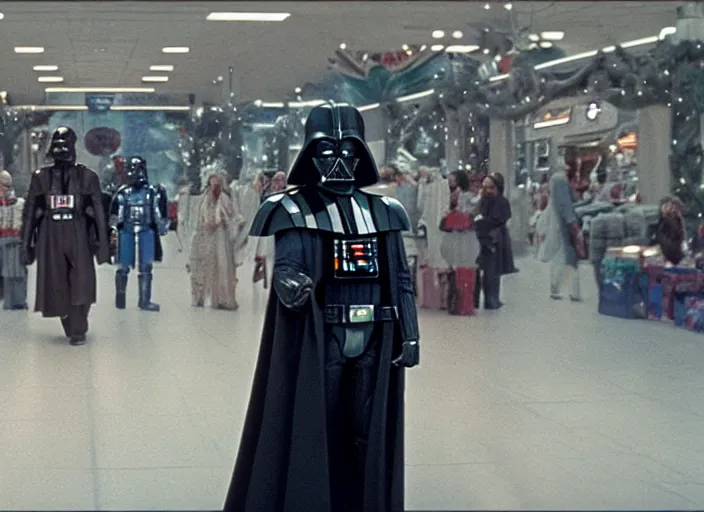 Image similar to film still of Darth Vader goes to the mall at Christmas time in the new Star Wars movie, 4k