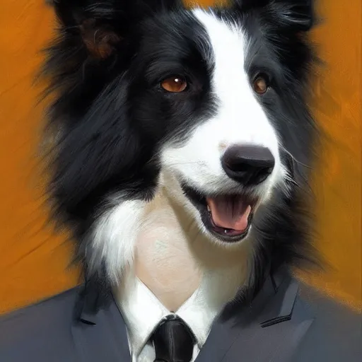 Image similar to a portrait of a cute male anthro border collie fursona wearing a suit. by henry asencio, jon foster, and ross tran. detailed, furry, glamor pose, aesthetic, beautiful, trending on artstation