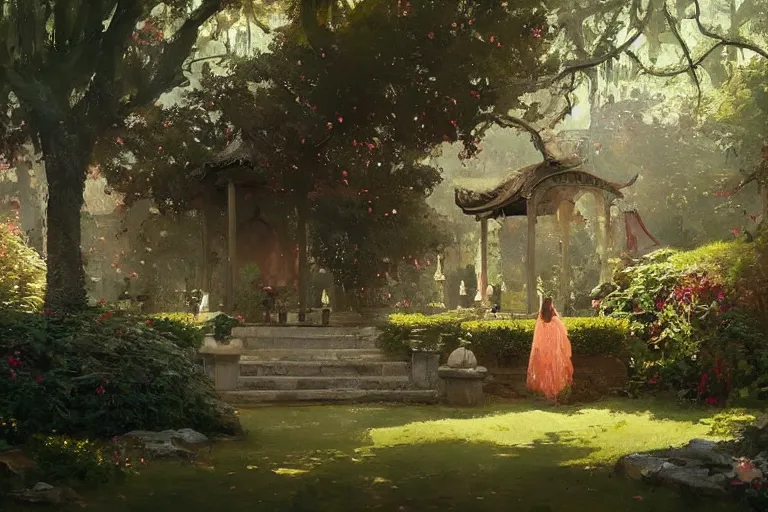 Image similar to a beautiful painting of the garden, shrine, two people, by greg rutkowski, trending on artstation