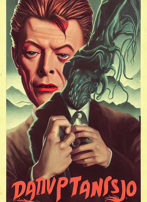 Prompt: twin peaks poster art, david bowie vs cthulhu, old retro pulp noir comic cover, by michael whelan, rossetti bouguereau, artgerm, retro, nostalgic, old fashioned