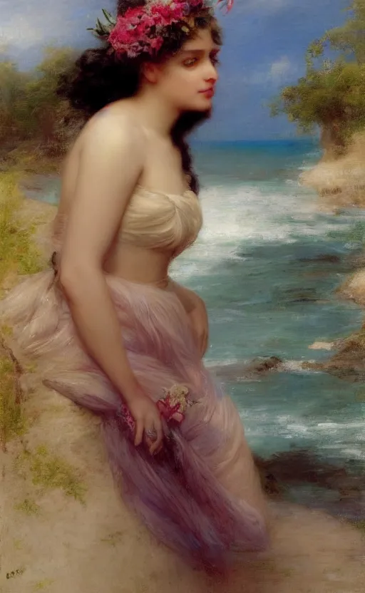 Prompt: donald trump as a beautiful girl at the summer beach by raphael lacoste and pierre auguste cot and delphin enjolras and daniel f. gerhartz