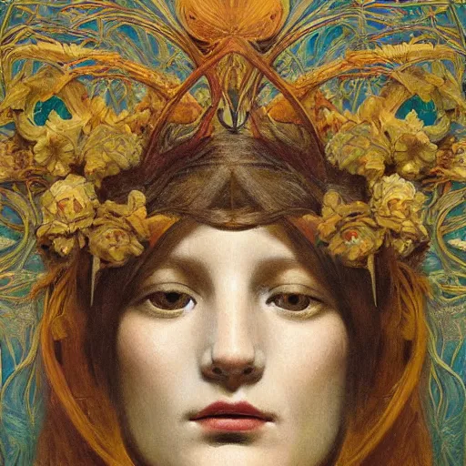 Image similar to masterpiece painting of a facemask made of stylized flowers, by annie swynnerton and jean delville and tino rodriguez, flower mask, art deco shaman, symbolist, dramatic lighting, god rays, elaborate geometric ornament, clean crisp graphics, soft cool colors, smooth, sharp focus, extremely detailed