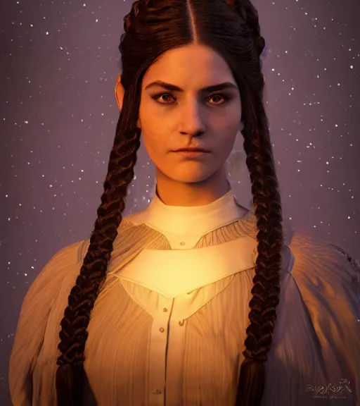 Prompt: a beautiful octane render of a daughter of the moon clan, with long, black, braided hair : nighttime, full moon, low light. strong keylight. esoteric, highly detailed, sharpness. victorian dress. canon eos ef 5 0 mm. trending on artstation.