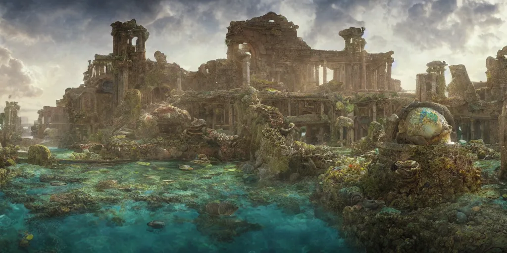 Image similar to hyper realist matte digital painting of an abandoned underwater city, ancient ruins, underwater photography, jugendstill, floating in water, bubbles rising, seaweed, fairytale, fantasy art, photo realistic, dynamic lighting, artstation, volumetric lighting, by mucha, by alma tadema