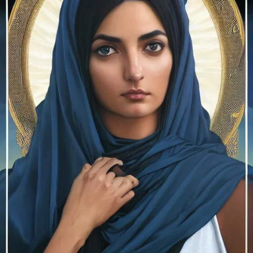 Image similar to faceshot of modern tanned Ameera al-Taweel, blue eyes, wavy black hair, white veil, highly detailed, digital painting, artstation, concept art, smooth, sharp focus, illustration, trending on ArtStation, art by artgerm and greg rutkowski and alphonse mucha and J. C. Leyendecker and Edmund Blair Leighton and Katsuhiro Otomo and Geof Darrow and Phil hale and Ashley wood and Ilya repin and Charlie Bowater