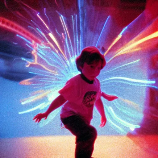 Image similar to film still of a boy playing with a plasma ball, 1990s, film still in the style of Steven Spielberg, wonder, awe, dramatic lighting, 8k, detailed