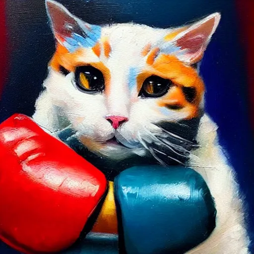 Prompt: palette knife oil painting of a cat wearing a boxing gloves