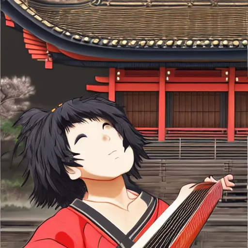 Image similar to a black kitsune boy playing koto in front of a japanese temple, highly detailed, cg style, artstation trending, pixiv trending, Z.W. Gu style, Wlop style