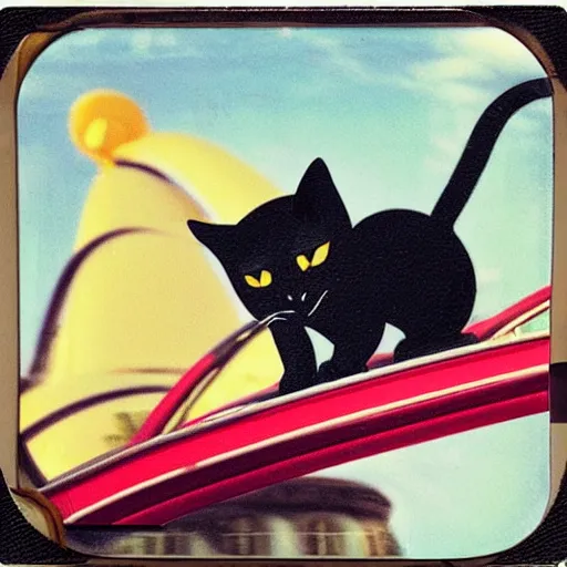 Image similar to black cat in a rollercoaster. the cat looks happy. sunny landscape. the rollercoaster has a looping. polaroid. technicolor.