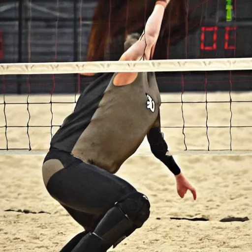 Image similar to a velociraptor playing volleyball with a horse