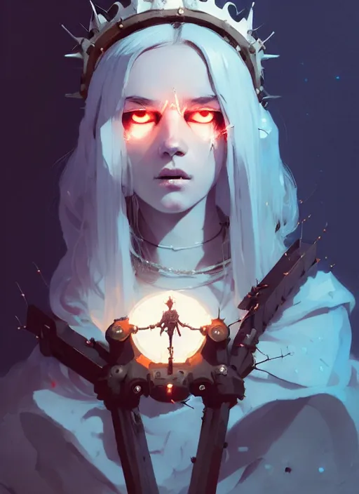 Prompt: portrait of cute gith maiden girl with crown of thorns and white hairs, warhammer, cyberpunk, by atey ghailan, by greg rutkowski, by greg tocchini, by james gilleard, by joe gb fenton, by kaethe butcher, dynamic lighting, gradient light blue, brown, blonde cream and white color in scheme, grunge aesthetic