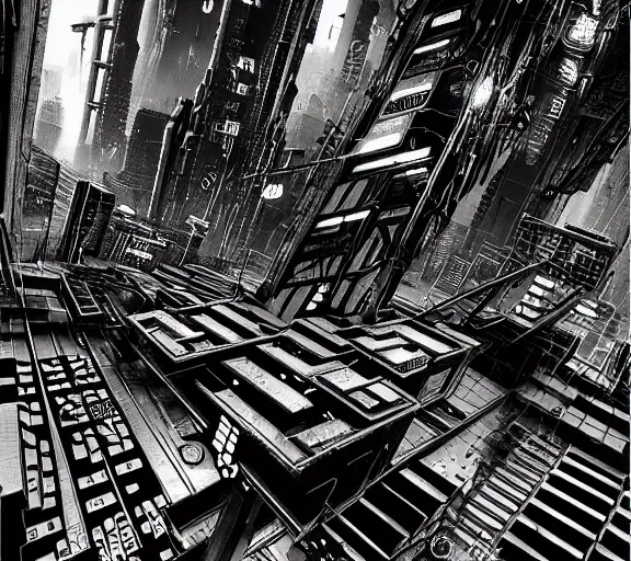 Prompt: a black and white illustration of a cyberpunk epic Friday night firefight in the style of MC Escher, Night City, cyberpunk 2077, 1979 OMNI Magazine Cover, very very coherent, street level neo-Tokyo in Cyberpunk 2045, 4k, 8k, HD, trending on artstation