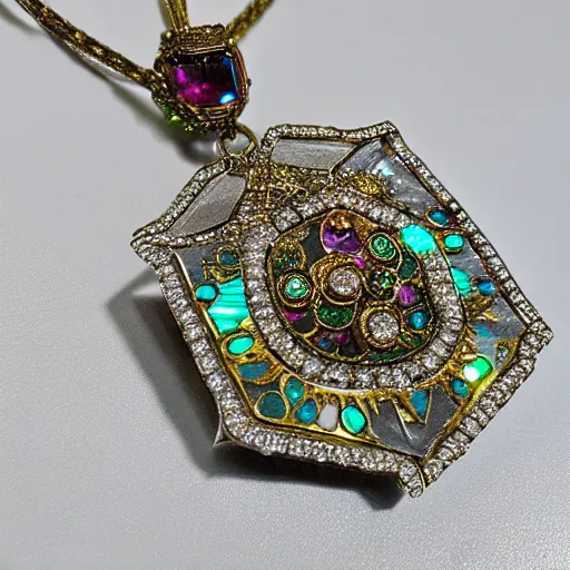 Image similar to Ornate Magic Amulet Jewel Glowing HDR photorealistic Gem Adorned in diamonds