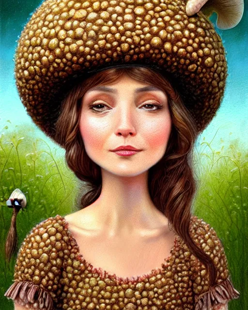 Prompt: highly detailed closeup, of a beautiful brown hair happy woman dressed in a mushroom hat and clothes, full face view, in a mushroom garden, hyper realistic, artstation, illustration, nicoletta ceccoli, mark ryden, lostfish, dan decarlo, bob clampett, max fleischer, digital paint, matte paint, vivid colors, detailed and intricate environment