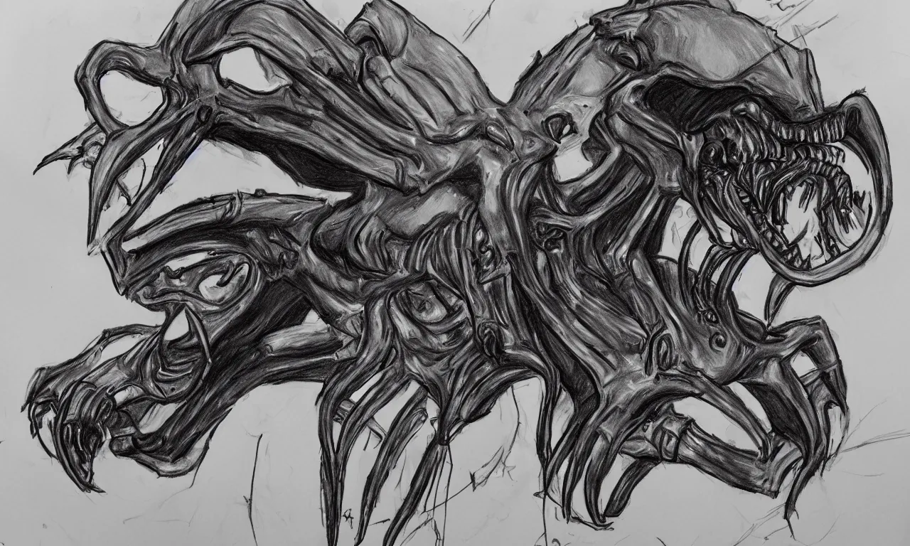 Image similar to a bad distorted rough kindergarden - sketch of one xenomorph drawn by a 4 year old kid