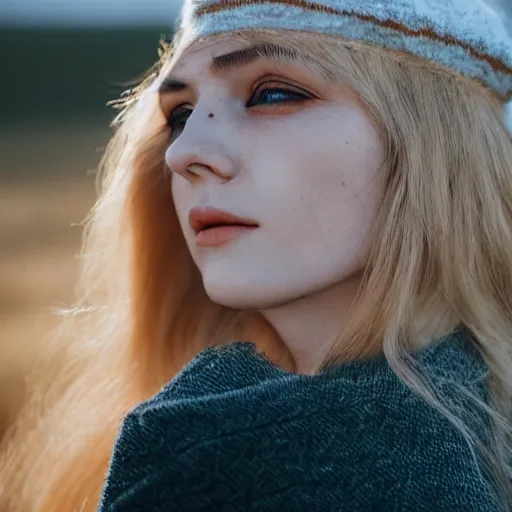 Prompt: symmetry!! portrait photograph shot on petzval lens of an extremely pretty!!! young blonde female with symmetric face. with a very detailed barn owl!!!!! on her shoulder. in iceland. shallow depth of field. featured on flickr, art photography,