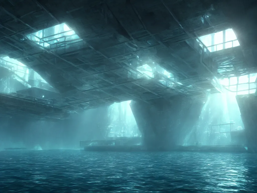 Prompt: underwater ultra technologic prison, artstation, volumetric light, high detail, reflections, perfect, concept art, hdr, 4 k