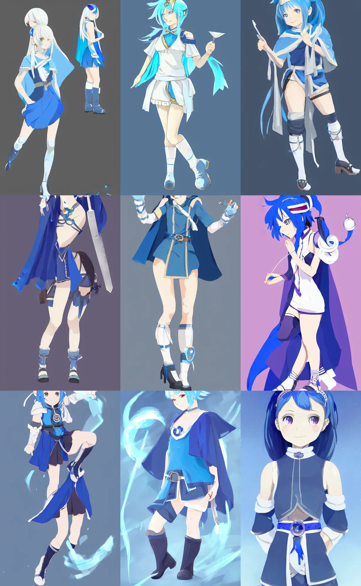 Prompt: a blue-haired traveller, alchemist girl, short hair, wearing a headband, short pale tunic and white stockings, high boots, azure cape, anime character; full body art, in the Japanese fantasy videogame; character concept art; trending on artstation, clean lineart, vector line art, clean, by Ilya kuvshinnikov