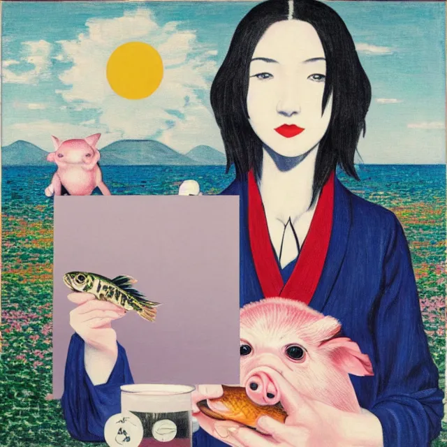 Prompt: tall emo female artist holding small portraits and fish on a train, on shinkansen in japan, odawara station, odawara castle, summer, sweat, ice coffee, pigs, octopus, acrylic on canvas, surrealist, by magritte and monet