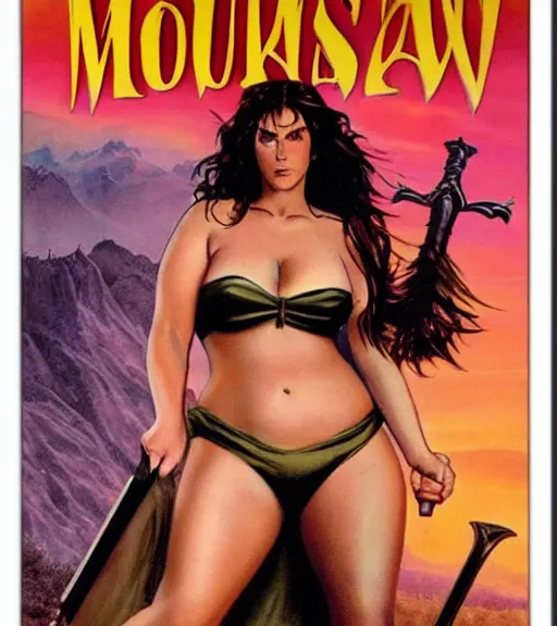 Image similar to 1 9 8 0 s fantasy novel book cover, bbw plus size amazonian young courtney cox in extremely tight bikini armor wielding a cartoonishly large sword, exaggerated body features, dark and smoky background, low quality print