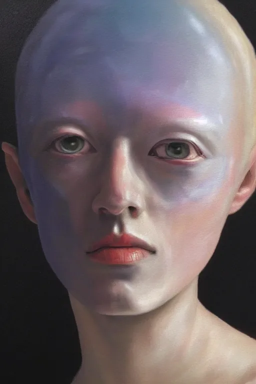 Image similar to hyperrealism oil painting, close - up portrait of albino medieval fashion model, knight, steel gradient mixed with nebula sky, in style of baroque