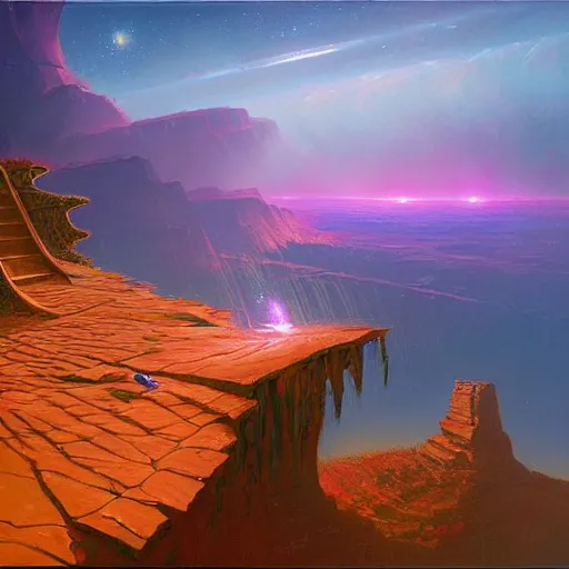 Prompt: The cliff overlooking the edge of the universe, RHADS and paul lehr