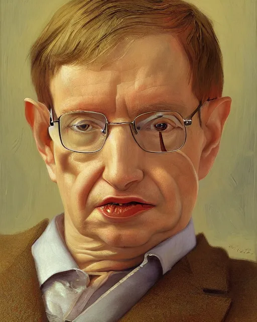 Image similar to painterly portrait, stephen hawking, impasto, fantasy, chuck close:7, carl spitzweg:7, cinematic light, full face, symmetrical face