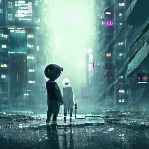 Image similar to a heartfelt unspoken love story between two robots overlooking a crumbling empty city, third person, cyberpunk, dystopia, rain, bittersweet, realism, painting