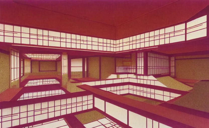 Image similar to huge sprawling gargantuan angular dimension of infinite indoor landscape japanese furniture with asian ceremonial temple. surrealism, mallsoft, vaporwave. muted colours, 8 0 s japanese interior design, shot from above, endless, neverending epic scale by escher and ricardo bofill