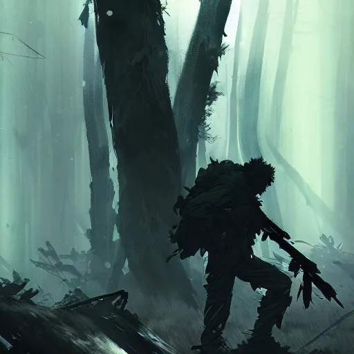 Prompt: man in the desolate forest looking for wifi by Akihito Yoshitomi AND Yoji Shinkawa AND Greg Rutkowski, Mark Arian trending on artstation