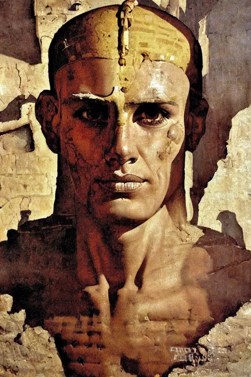 Prompt: a closer personal portrait of man with very piercing eyes, very charismatic. in the old ancient temple of the sphinx. masterpiece, dark. painted by norman rockwell and james gurney