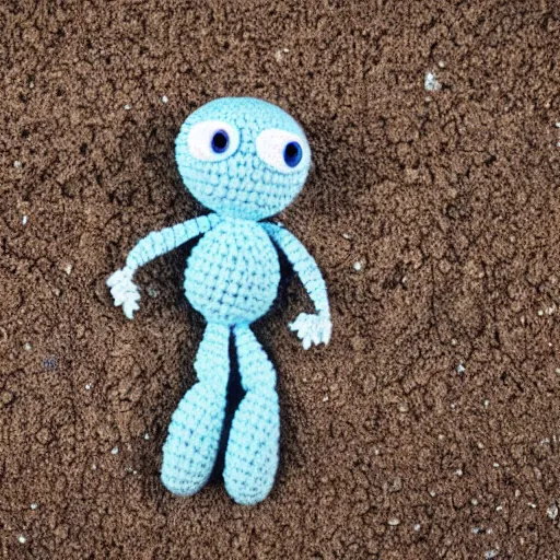 Image similar to cute fluffy light blue color spider with short arms and big eyes crochet doll standing on sand, hyperrealistic photograph, highly detailed, tactile, 8k, close up, macro