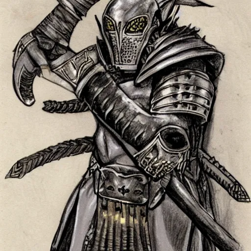 Image similar to a kislev warrior who is wearing iron gauntlets in the shape of bear claws in the style of warhammer fantasy : : head and shoulders drawing