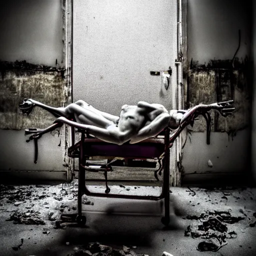 Image similar to photo of a demon strapped to a rusty old hospital bed in an abandoned hospital, real life photography, horror, biological photo, fullbody, dynamic lighting, beautiful, scary